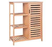 BAKAJI Mueble de Almacenamiento con 1 Puerta y 3 Estantes, Armario Auxiliar para Baño Salón y Entrada, Mueble de Suelo de Baño de Bambú Impermeabble y Duradero, 66x33x87 cm