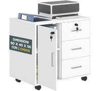 BAKAJI Mueble de oficina archivador blanco para impresora con 1 puerta y 3 cajones, mueble multiusos versátil con doble llave y ruedas giratorias 360°, portadocumentos con llave, 60 x 40 x 56 cm