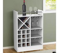 BAKAJI Mueble esquinero para Bar, Botellas, Vino, licores, Estructura de Madera, Bodega con Piso Superior, 20 plazas, botellero y 3 estantes para Copas de Metal (Blanco)