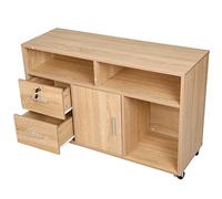 BAKAJI Mueble Multiusos para Impresora de Madera con 3 estantes, 2 cajones con Llave y 1 Armario con Compartimentos, Mueble de Oficina con Ruedas móviles, 100 x 35 x 65 cm (Roble)