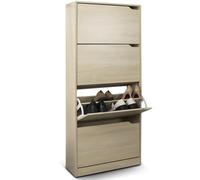 BAKAJI Olmo - Zapatero de Madera MDF con 4 Puertas para Zapatos abatibles, Asas retráctiles, Doble Profundidad, tamaño Compacto, 63 x 24 x 150 cm, Ahorra Espacio