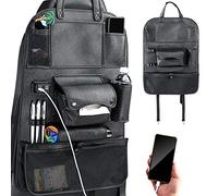 BAKAJI Organizador de protección para el respaldo del asiento del coche con 4 puertos USB, bolsillos porta objetos, portabotellas y toallero organizador de piel sintética negra fijación con bandas