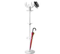 BAKAJI Perchero de diseño de pie de metal con 16 ganchos para colgar ropa, paragüero y base de mármol, tamaño 37 x 37 x 175 cm (blanco)