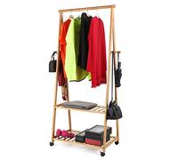 BAKAJI - Perchero de madera de bambú para dormitorio, entrada con ruedas giratorias, 2 estantes, barra para perchas y ganchos laterales, dimensiones 70 x 33 x 153 cm, color bambú natural