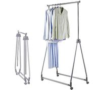 BAKAJI Perchero individual plegable ajustable de acero y plástico duradero, barras telescópicas, con 4 ruedas, exposición de tienda, colgar ropa profesional plegable (gris)