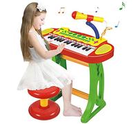 BAKAJI Pianola de Juguete para niños, Teclado de 31 Teclas con ritmos Tonos, música preestablecida, Luces rítmicas, micrófono, Karaoke, función de grabación, Soporte y Taburete