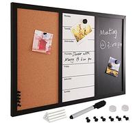 BAKAJI Pizarra magnética blanca y negra con tablero Memo de corcho combinado 60 x 40 cm marco madera con juego de tizas rotuladores borrables 2 imanes y 6 chinchetas diseño moderno hogar oficina