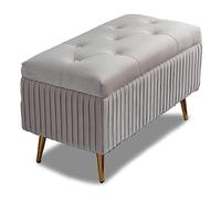 BAKAJI Puf - Baúl con Asiento para Dormitorio, Revestimiento de Terciopelo Rectangular Suave, Espacioso, sofá de Almacenamiento, Plegable, Acolchado, Estructura de Madera Grande, Color Gris