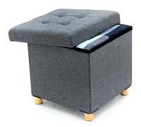 BAKAJI Puf - Contenedor con Revestimiento de Lino, Asiento Acolchado y cómodo, Estructura y Patas de Madera, baúl Multiusos, 38 x 38 x 38 cm, Ideal para Dormitorio, Entrada, Dormitorio (Gris)
