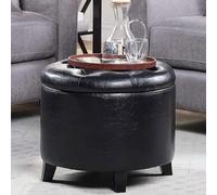 BAKAJI Puf contenedor reposapiés de Madera con Compartimento Interior, baúl de Almacenamiento con Asiento Acolchado, Taburete Redondo, 51 x 51 x 43 cm, decoración para salón, Dormitorio (Negro Piel