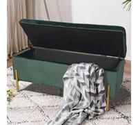 BAKAJI Baúl Puf Contenedor Banco Taburete Reposapiés de Tela Terciopelo Verde, Madera, Medio