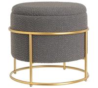 BAKAJI Puf reposapiés contenedor redondo de metal dorado y tela para salón, taburete acolchado de alta densidad, diseño moderno, dormitorio o salón, 43 x 43 x 40 cm, gris oscuro