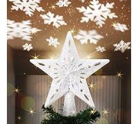 Bakaji Punta con Forma de Estrella Luminosa con Juegos de Luces de Copos de Nieve de Reflejo sobre Techo Altura 26 cm Decoración Punta árbol de Navidad Decoración Navidad con Purpurina (Plata)