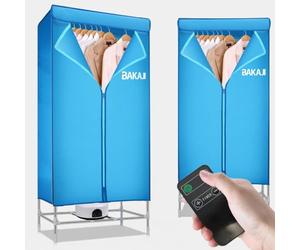 BAKAJI Secadora eléctrica de armario con mando a distancia y pantalla de control, secador de ropa de aire caliente, potencia 1200 W, temporizador 180 min, tamaño 65 x 45 x 138 cm