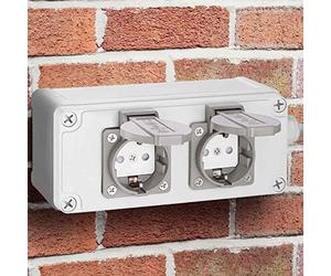 Bakaji Shucko - Regleta eléctrica con 2 tomas de corriente y caja de pared para exterior, jardín, impermeable IP54, de plástico ABS ignífugo con puerta y protección para niños, tamaño 20 x 8 x 9 cm