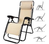 BAKAJI Silla de Gravedad Cero, Tumbona de jardín Sillón de relajación Plegable Tejido Oxford reclinable, Resistente a la Intemperie Silla de Jardín Balcón, Tumbona Ajustable con Almohada (Beige)