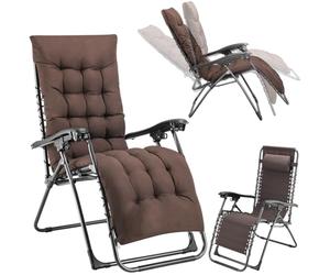 BAKAJI Silla de jardín con cojín de Gravedad Cero, Plegable, de Acero, Ahorra Espacio, Tubular de Acero, reclinable, Tejido Oxford, para Playa, Piscina, decoración Exterior (marrón con cojín)