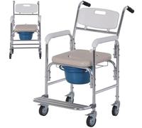 BAKAJI Silla de ruedas impermeable con inodoro y asiento de piel sintética con 4 ruedas y freno, maceta extraíble con reposabrazos cómodos, asiento con inodoro y respaldo para pacientes, ancianos
