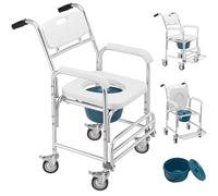 BAKAJI Silla de ruedas impermeable con inodoro y tapa extraíble, asiento ergonómico cómodo con inodoro incluido, estructura resistente, 4 ruedas giratorias y asas ergonómicas, 55 x 70 x 96 cm