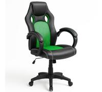 BAKAJI Silla Gaming Racer direccional para Oficina, ergonómica, Estilo Deportivo, Sillón de Escritorio Racing con 4 Ruedas, giratoria hasta 360°, de Piel sintética Negra con Tela (Green)