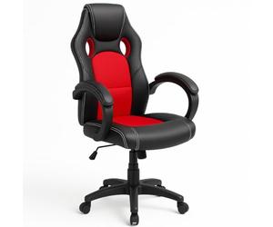 BAKAJI Silla Gaming Racer direccional para Oficina, ergonómica, Estilo Deportivo, Sillón de Escritorio Racing con 4 Ruedas, giratoria hasta 360°, de Piel sintética Negra con Tela (Rojo)