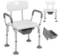 BAKAJI Silla taburete WC de baño ducha de aluminio para personas mayores, discapacitados y personas movilidad reducida, asiento ergonómico y asas de auxilio, cubo con tapa extraíble, altura ajustable