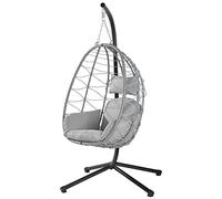 BAKAJI Sillón Colgante de jardín, Silla Mecedora Hamaca Colgante de Exterior, Estructura de Metal, Nido de ratán y Cuerda + cojín Asiento Acolchado y reposacabezas 198 x 110 x 95 cm (Gris)