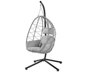 BAKAJI Sillón Colgante de jardín, Silla Mecedora Hamaca Colgante de Exterior, Estructura de Metal, Nido de ratán y Cuerda + cojín Asiento Acolchado y reposacabezas 198 x 110 x 95 cm (Gris)