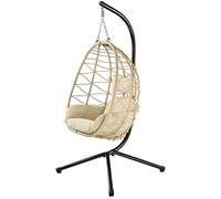 BAKAJI Sillón Colgante de jardín, Silla Mecedora Hamaca para Exterior, Estructura de Metal Nido de ratán y Cuerda + cojín Asiento Acolchado y reposacabezas, diseño Moderno, 198 x 110 x 95 cm (Beige)