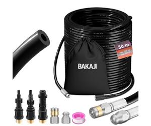 BAKAJI Sonda desatascadora de tubos de alta presión de 200 bar, sistema antitorsión con funda, 3 adaptadores, 2 boquillas fijas y giratorias, compatible con hidrolimpiadora Kärcher K2-K7 Lavor (30