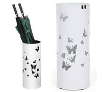 Bakaji Stand BAK8W - Paragüero de Hierro Redondo, Detalles Decorativos con Forma de Mariposas, Color Blanco, con una práctica Bandeja recogegotas y Ganchos para Paraguas Plegables, 49 x 19,5 cm