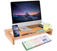 BAKAJI Stand Soporte Monitor Laptop Notebook Bamboo Puerto Monitor de Bambú con Organizador Espacio de Almacenamiento para Mesa de Escritorio 60 x 30 x 8,5 cm