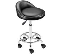 BAKAJI Taburete con Ruedas, Asiento Acolchado y Respaldo bajo de Piel sintética, Base con reposapiés de Acero Giratorio 360°, Altura Regulable, Ideal para esteticistas, Bares, cocinas, restaurantes