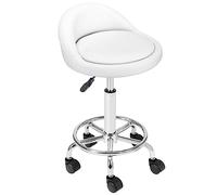 BAKAJI Taburete con Ruedas, Asiento Acolchado y Respaldo bajo de Piel sintética, Base con reposapiés de Acero Giratorio 360°, Altura Ajustable, Ideal para Esteticista, Cocina, restaurantes, (Blanco)