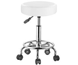 BAKAJI Taburete con Ruedas Redondas, Asiento de Piel sintética y Base de Acero Giratorio de 360°, Altura Ajustable, Acolchado con Grosor de 10 cm, Ideal para Esteticista, Estudio médico (Blanco)