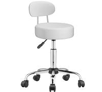 BAKAJI Taburete con ruedas y respaldo, silla de trabajo giratoria con soporte de espalda, asiento acolchado 10 cm de piel sintética y base de acero, altura ajustable, para esteticista, (blanco)