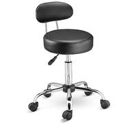 BAKAJI Taburete con Ruedas y Respaldo, Silla de Trabajo giratoria con Soporte de Espalda, Asiento Acolchado 10 cm de Piel sintética y Base de Acero, Altura Ajustable, para Esteticista, Oficina,