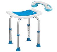 BAKAJI Taburete de baño de Aluminio, Altura Ajustable, Asiento de Ducha, Silla de baño para Personas Mayores, Patas de Goma Antideslizantes, soporta hasta 150 kg, Rectangular con asa Auxiliar
