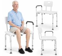 BAKAJI Taburete de ducha doble con respaldo y reposabrazos, estructura de aluminio y asiento ergonómico de HDPE, asiento de baño para ancianos, discapacitados y personas con movilidad reducida, altura