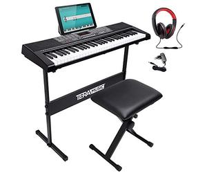 Bakaji - Teclado musical plano electrónico, 61 teclas, piano multifunción con soporte para taburete y auriculares, 255 ritmos, entrada USB AUX y atril