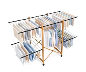 BAKAJI Tendedero Extensible para Exterior e Interior, Capacidad XXL, tendedero Plegable de 2 Niveles con alas Extensibles, tendedero Plegable para Ahorrar Espacio, Slim Extensible con 4 Ruedas
