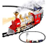 BAKAJI Tren Locomotora con Tren de Juguete para niños, con conducto de Humo, Funciona con luz de Humo, Sonidos realistas y 2 vagones de mercancías, decoración de Navidad para la Base del árbol (Rojo