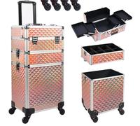 BAKAJI Trolley Make Up 3 en 1 Profesional con Trama Holeográfica Triangular, Beauty Case Estética Portátil, Maleta de Maquillaje con Ruedas Desmontables, Maleta Organizador Maquillaje, dorado, moderno