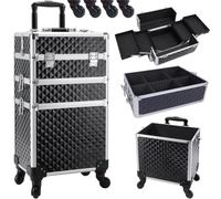 BAKAJI Trolley Make Up 3 en 1 Profesional con Trama Oleográfica Triangular, Neceser Estetista Portátil, Maleta Porta Maquillaje con Ruedas Desmontables, Maletín Organizador Maquillaje Viaje, Negro
