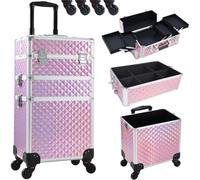 BAKAJI Trolley Make Up 3 en 1 Profesional con Trama Oleográfica Triangular, neceser Estetista Portátil, Maleta Porta Maquillaje con Ruedas Desmontables, Maletín Organizador Maquillaje Viaje, Rosa,