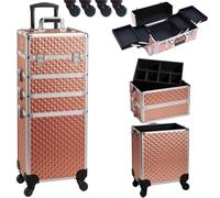 BAKAJI Trolley Make Up 4 en 1 Profesional con Trama Oleográfica Triangular, Neceser Estetista Portátil, Maleta Porta Maquillaje con Ruedas Desmontables, Maletín Organizador Maquillaje Viaje, Dorado