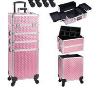 BAKAJI Trolley Make Up 4 en 1 Profesional con Trama Oleográfica Triangular, neceser Estetista Portátil, Maleta Porta Maquillaje con Ruedas Desmontables, Maletín Organizador Maquillaje Viaje, Rosa,