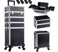BAKAJI Trolley Make Up 4 en 1 Profesional con Trama Oleográfica Triangular, Neceser Estetista Portátil, Maleta Porta Maquillaje con Ruedas Desmontables, Maletín Organizador Maquillaje Viaje, Negro