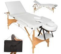 BAKAJI Tumbona de masaje con estructura de madera plegable, 3 zonas, masajes, fisioterapia, spa, centro de bienestar, esteticista, profesional, color blanco, XL LUX con bolsa de transporte (estructura