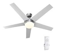 BAKAJI - Ventilador de techo de 5 aspas de madera con lámpara 60 LED 20W de cristal, 3 velocidades, función temporizador, luz de cambio de color y mando a distancia, diámetro 132 cm
